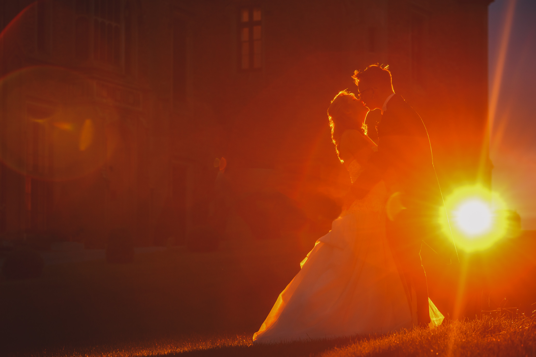 Rowton Castle Wedding Photography - sunset wedding portrait outside Rowton Castle with bride and groom