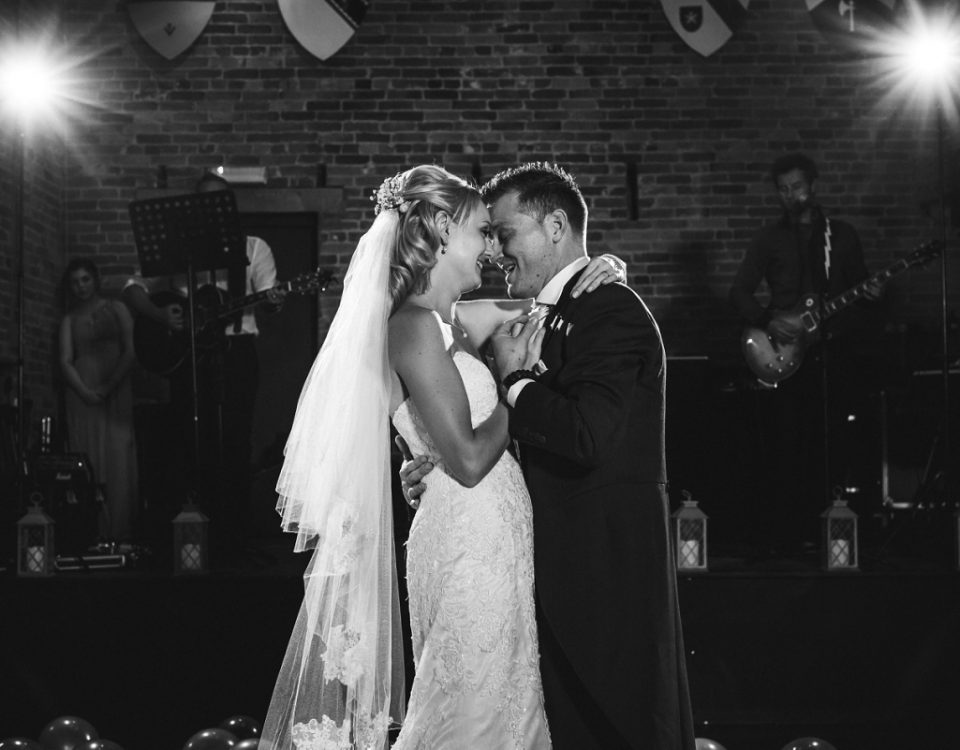 derbyshire barn wedding photography newlyweds first dance black and white